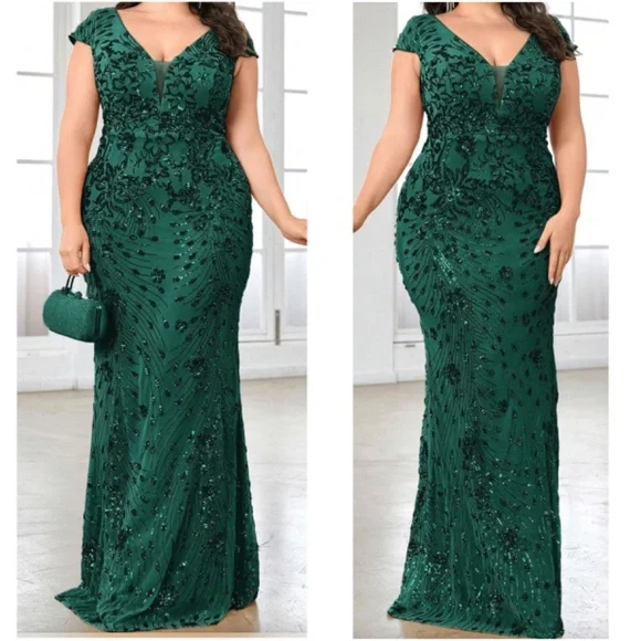 Plus V neck Sequin High Waisted Formal Black Tie Wedding Dress